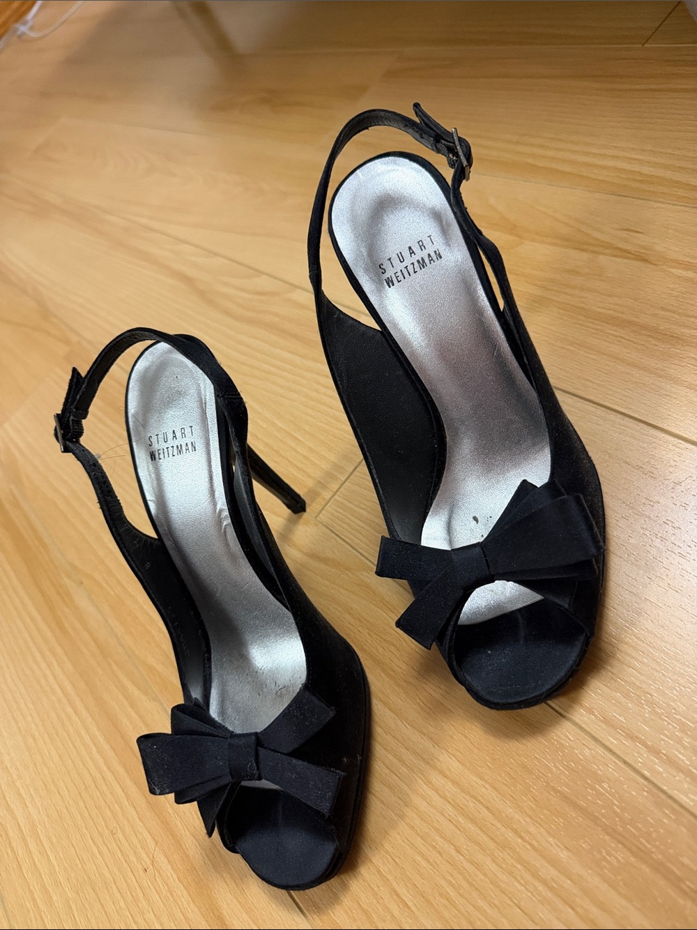 Stuart Weitzman | Black Peep-Toe Slingback Heels with Bow